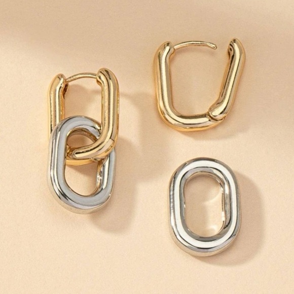 Anthropologie Gold Silver Double Link Hoop Earrings | Modern Minimal Statement - Picture 5 of 5